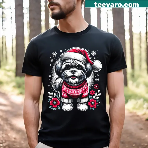 Vintage style Christmas T-shirt featuring a Shih Tzu in a Santa's hat