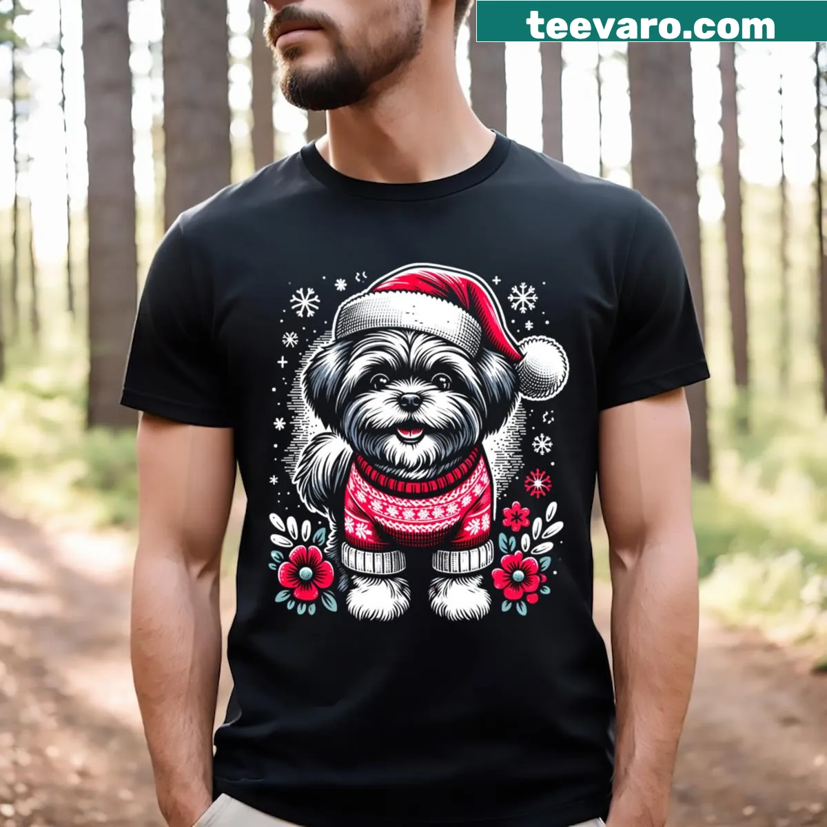 Vintage style Christmas T-shirt featuring a Shih Tzu in a Santa's hat — on a men's t-shirt