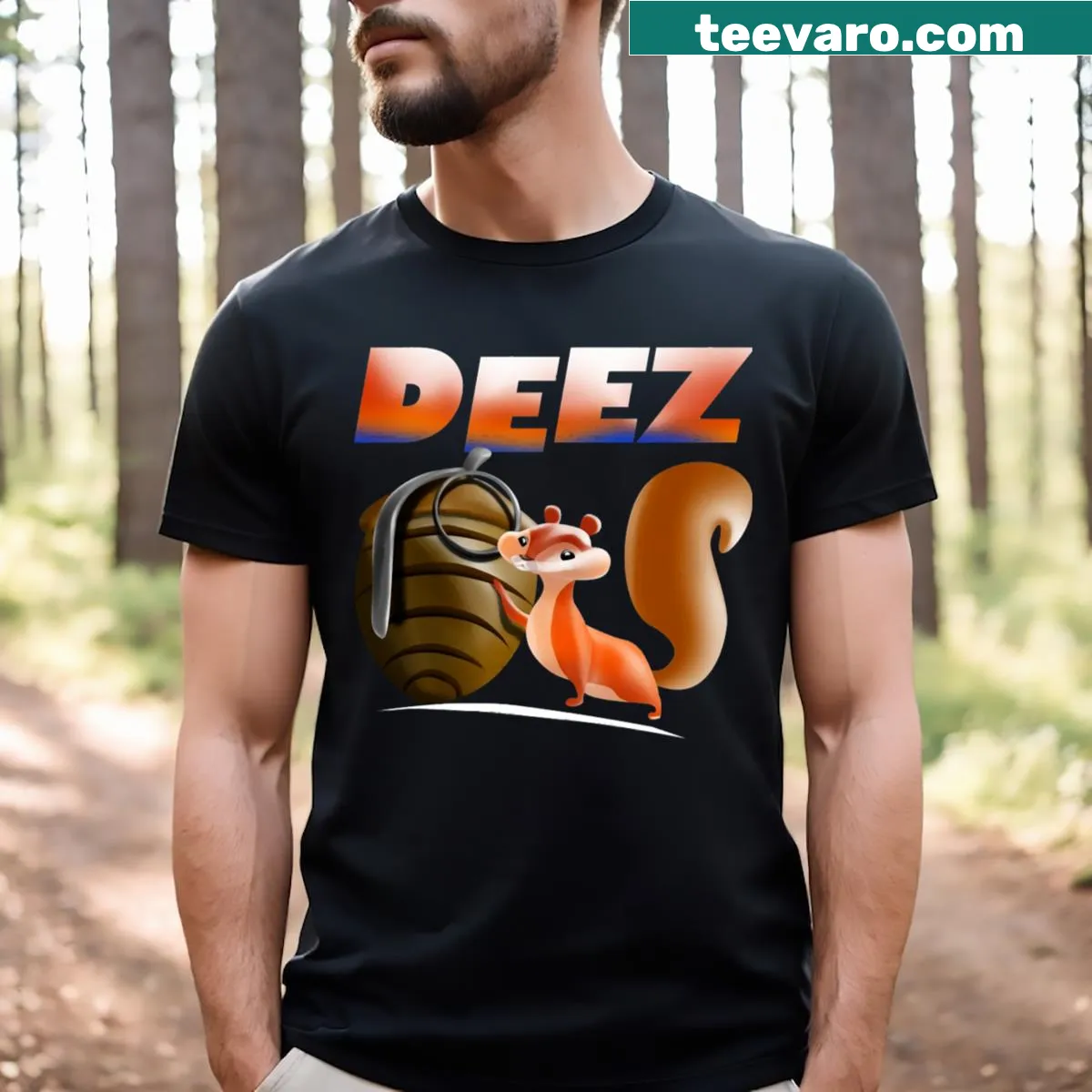 Funny squirrel holding grenade T-shirt — on a men's t-shirt