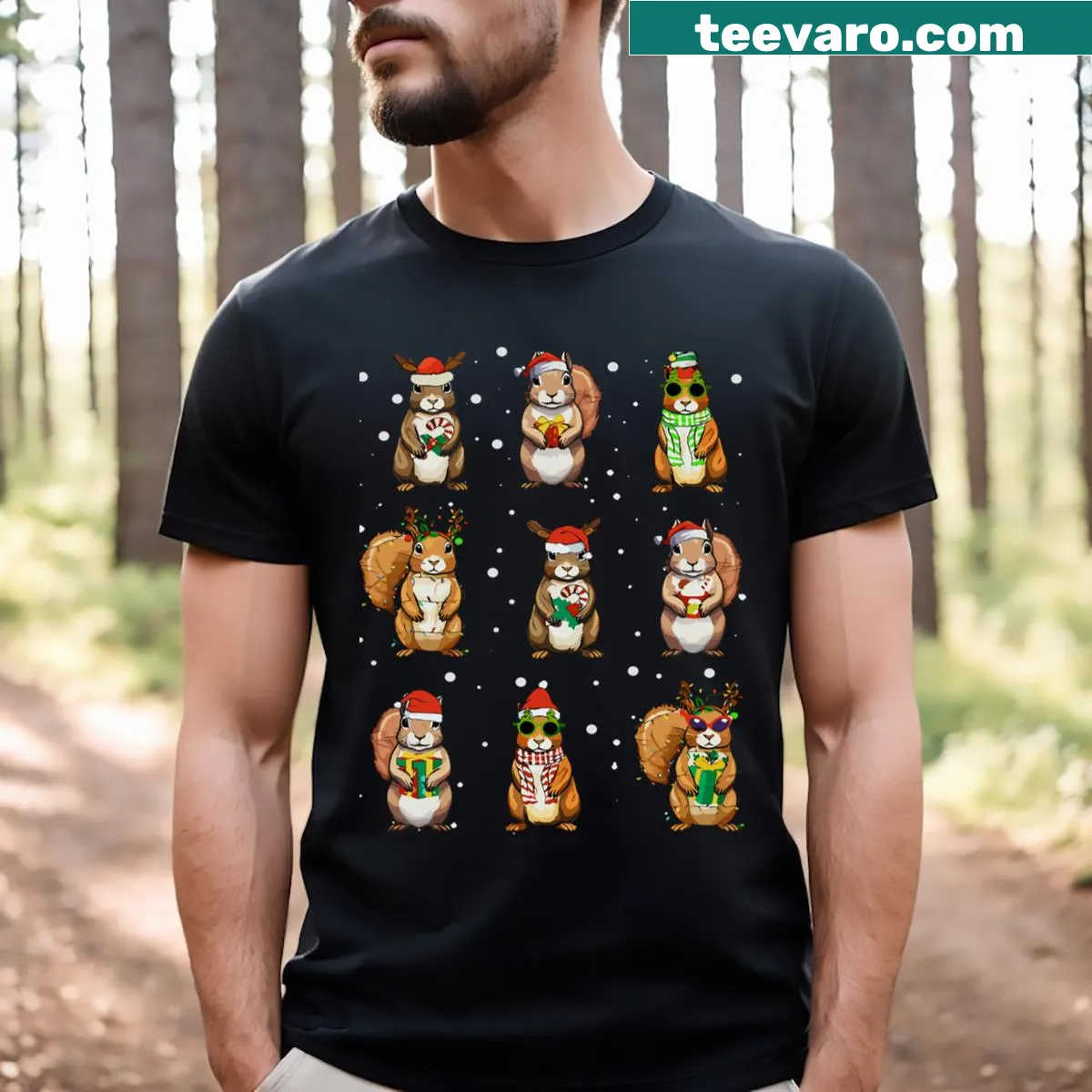 Funny Christmas squirrel T-shirt with lights — on a men's t-shirt