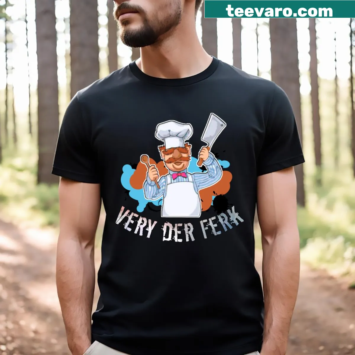 Swedish Chef t-shirt featuring a whimsical Muppet graphic — on a men's t-shirt