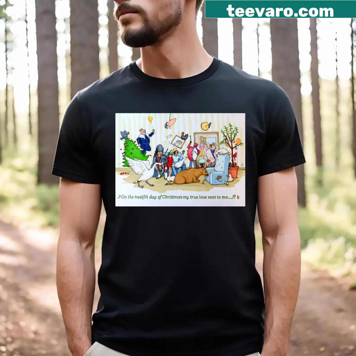 T-shirt celebrating the 12th Day Of Christmas with festive design — on a men's t-shirt