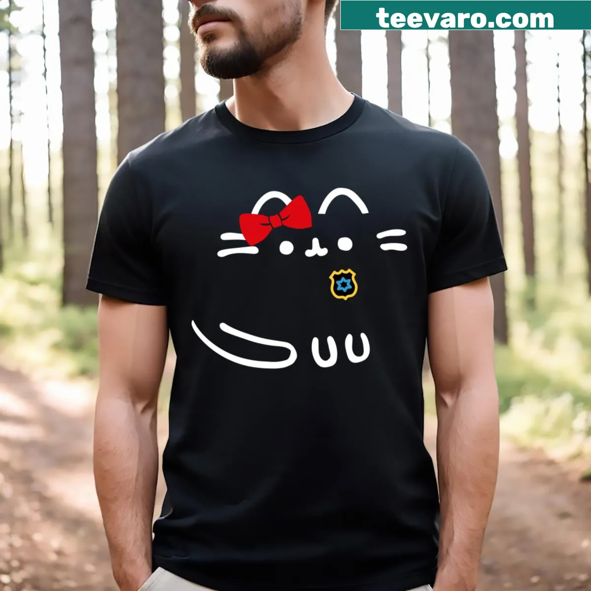 T-shirt featuring an invisible police cat graphic with a bow — on a men's t-shirt