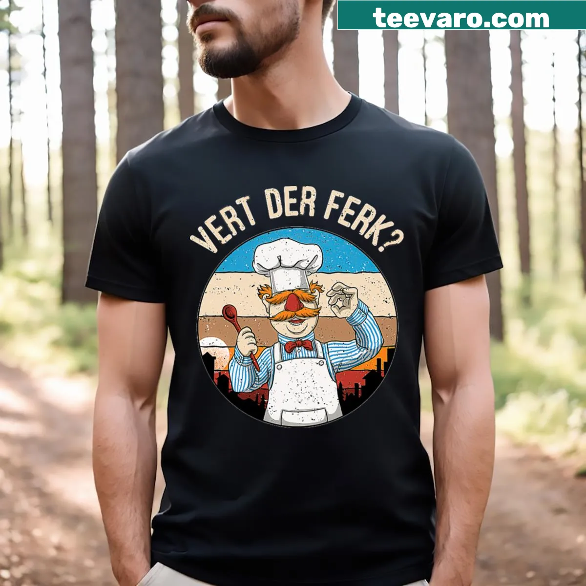 Culinary-themed T-shirt with graphic design of kitchen tools — on a men's t-shirt