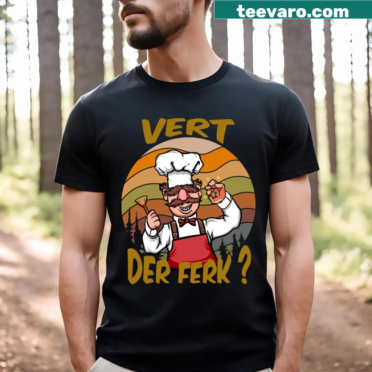 Swedish Chef-themed T-shirt featuring 'Vert Der Ferk Cook' — on a men's t-shirt