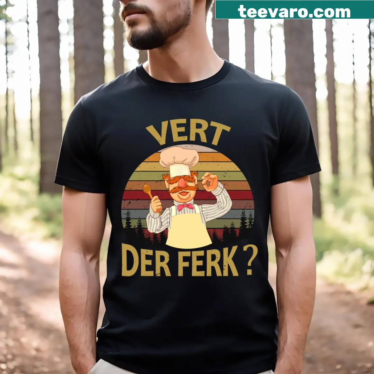 Cartoon T-shirt featuring the Swedish Chef in a cooking scene — on a men's t-shirt