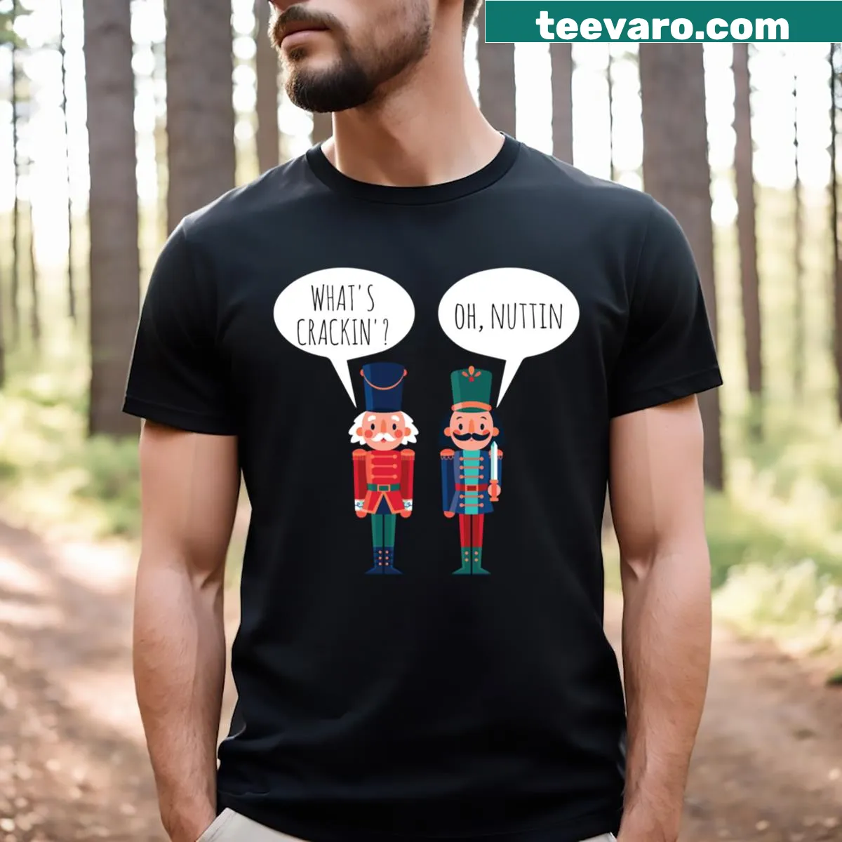 Funny Christmas T-shirt featuring the phrase 'What's Crackin Oh Nuttin.' — on a men's t-shirt