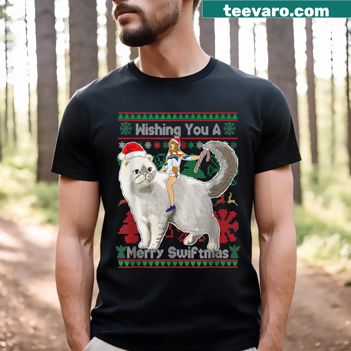 Big cat in festive attire with Merry Swiftmas text illustration — on a men's t-shirt