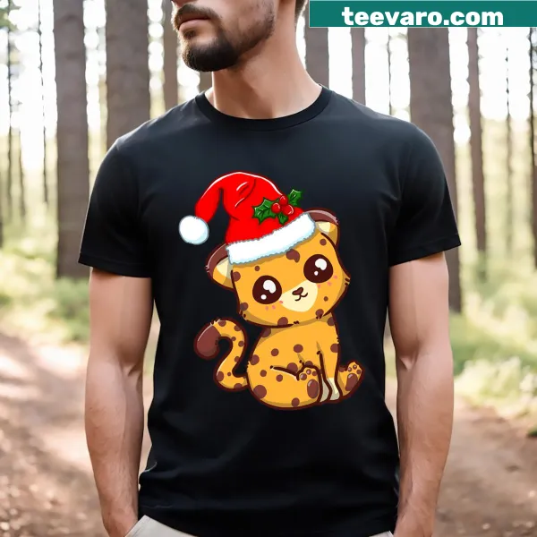 Cute kawaii cheetah in a Santa hat on a Christmas t-shirt.