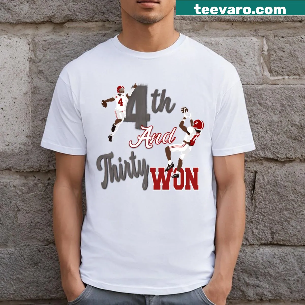 Illustrative Iron Bowl 2023 t-shirt with dynamic football graphics — on a men's t-shirt