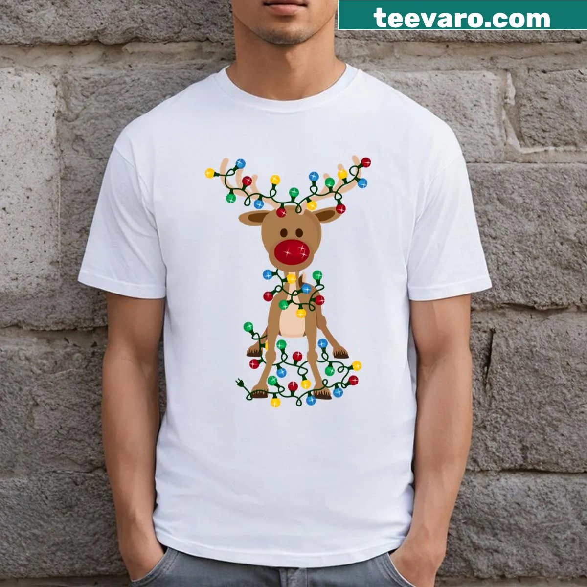 Cute t-shirt featuring an adorable reindeer graphic — on a men's t-shirt