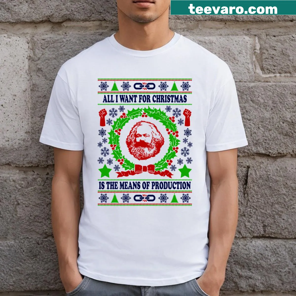 Edgy Christmas t-shirt featuring a political twist on holiday wishes — on a men's t-shirt