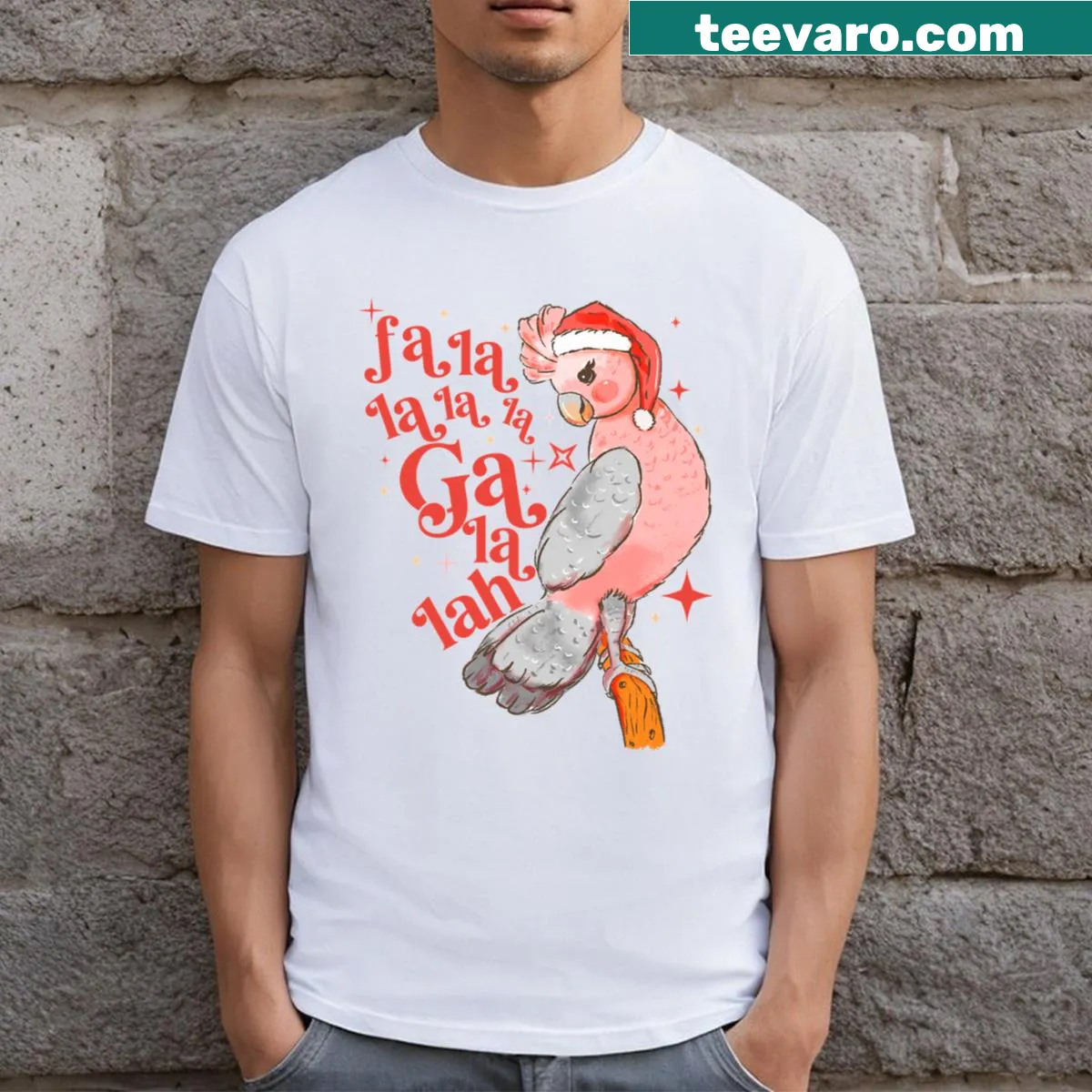 Cute Galah bird illustration with Christmas elements and Falala text — on a men's t-shirt