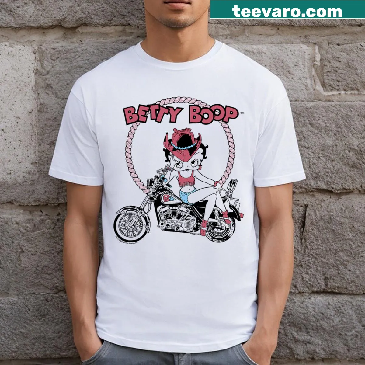 Outline of Betty Boop as a cowgirl biker on a T-shirt — on a men's t-shirt