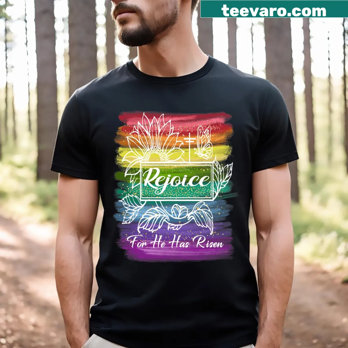 Inspirational Easter T-shirt with 'He Is Risen' text — on a men's t-shirt