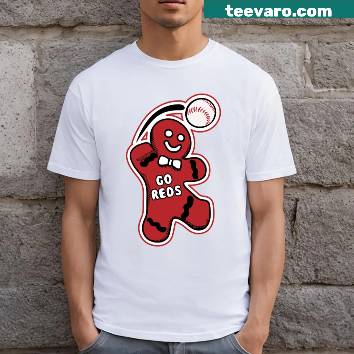 Cincinnati Reds gingerbread man T-shirt design — on a men's t-shirt