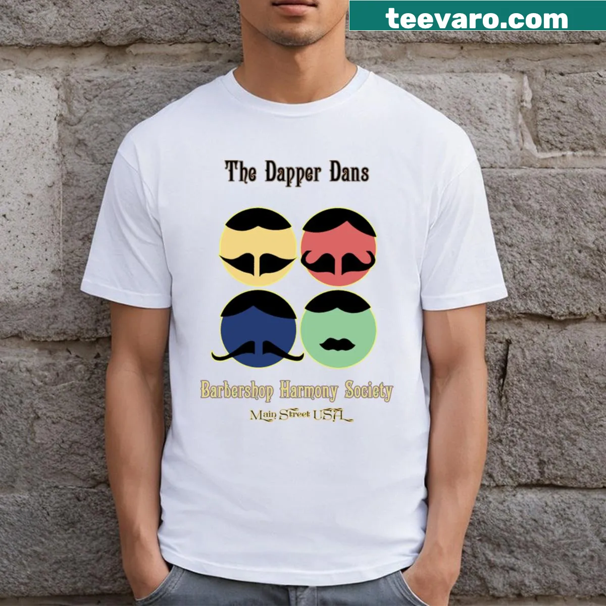 Illustration of a barbershop quartet with musical notes on a T-shirt — on a men's t-shirt