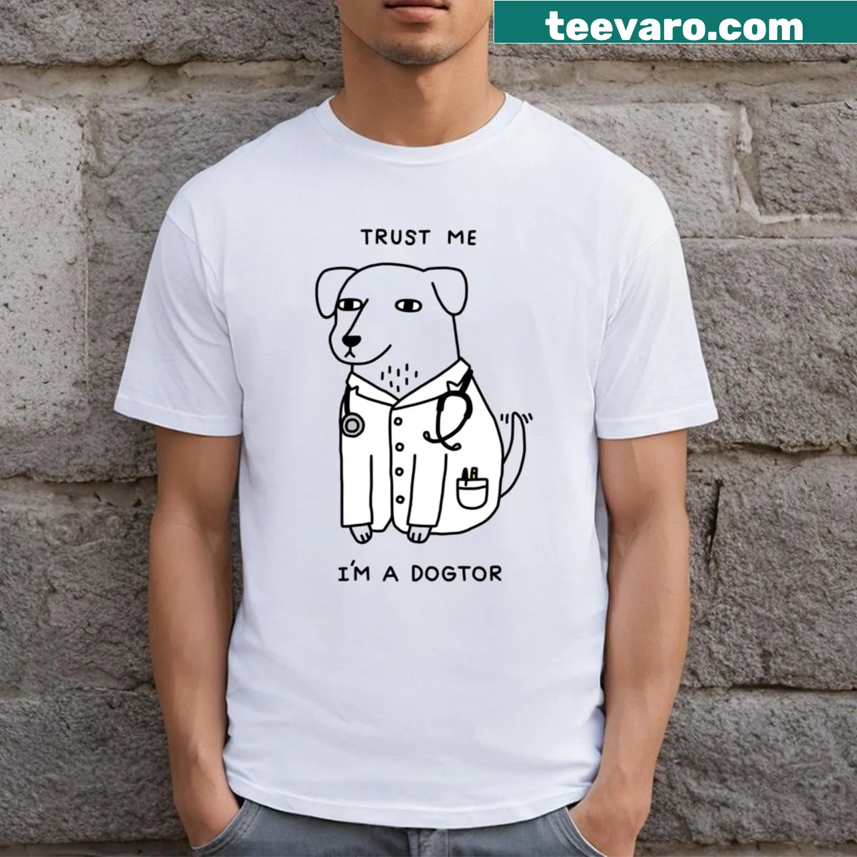 Illustration of a dog in scrubs with a stethoscope on the shirt — on a men's t-shirt