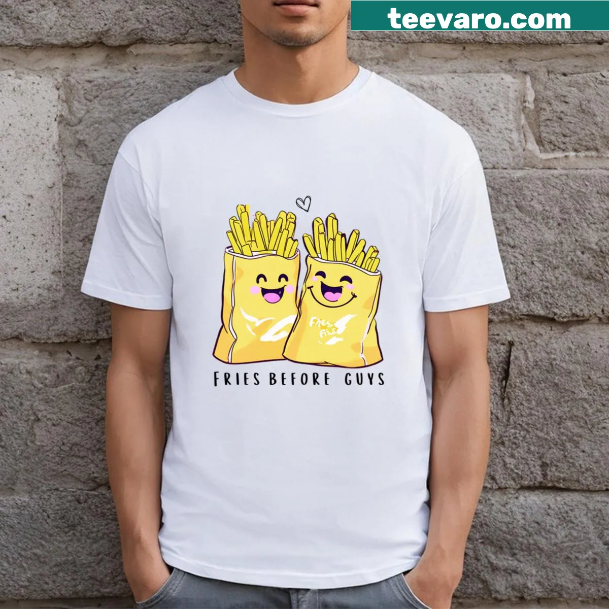 Kawaii French fries bag graphic with a smile on a T-shirt — on a men's t-shirt