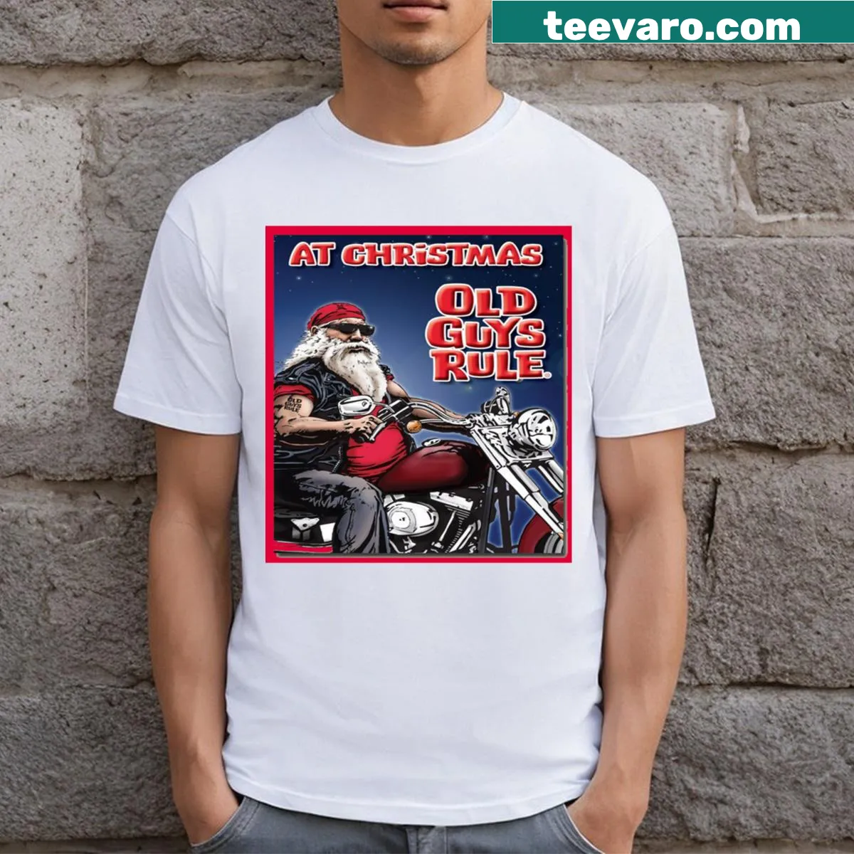 Whimsical biker Santa Claus illustration on a T-shirt — on a men's t-shirt