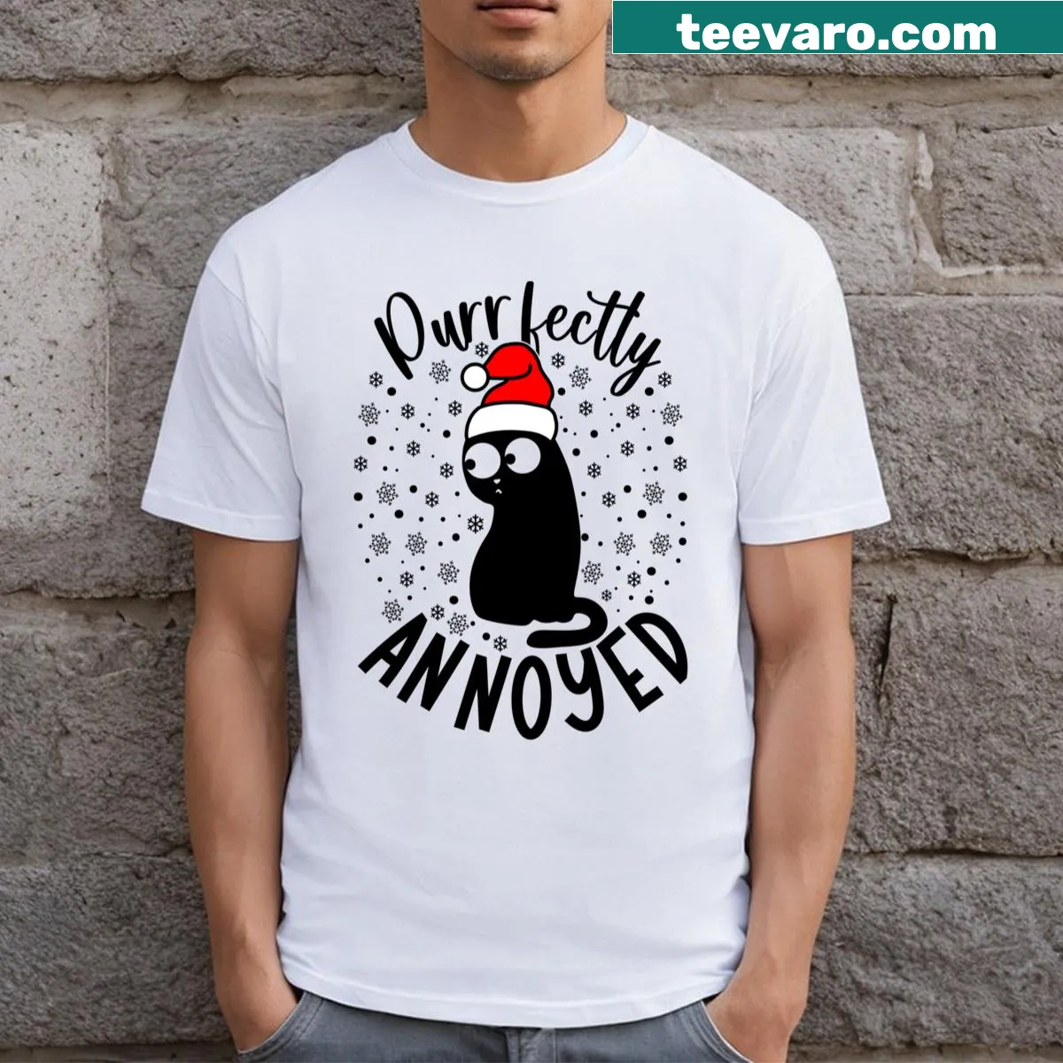Cute black cat Christmas T-shirt for family matching — on a men's t-shirt
