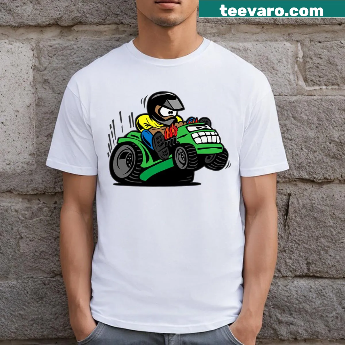 Funny lawn mower racing T-shirt with a cartoon design. — on a men's t-shirt