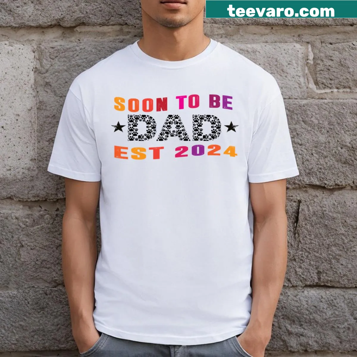 Soon To Be Dad Est 2024 First Time Dad graphic on T-shirt — on a men's t-shirt