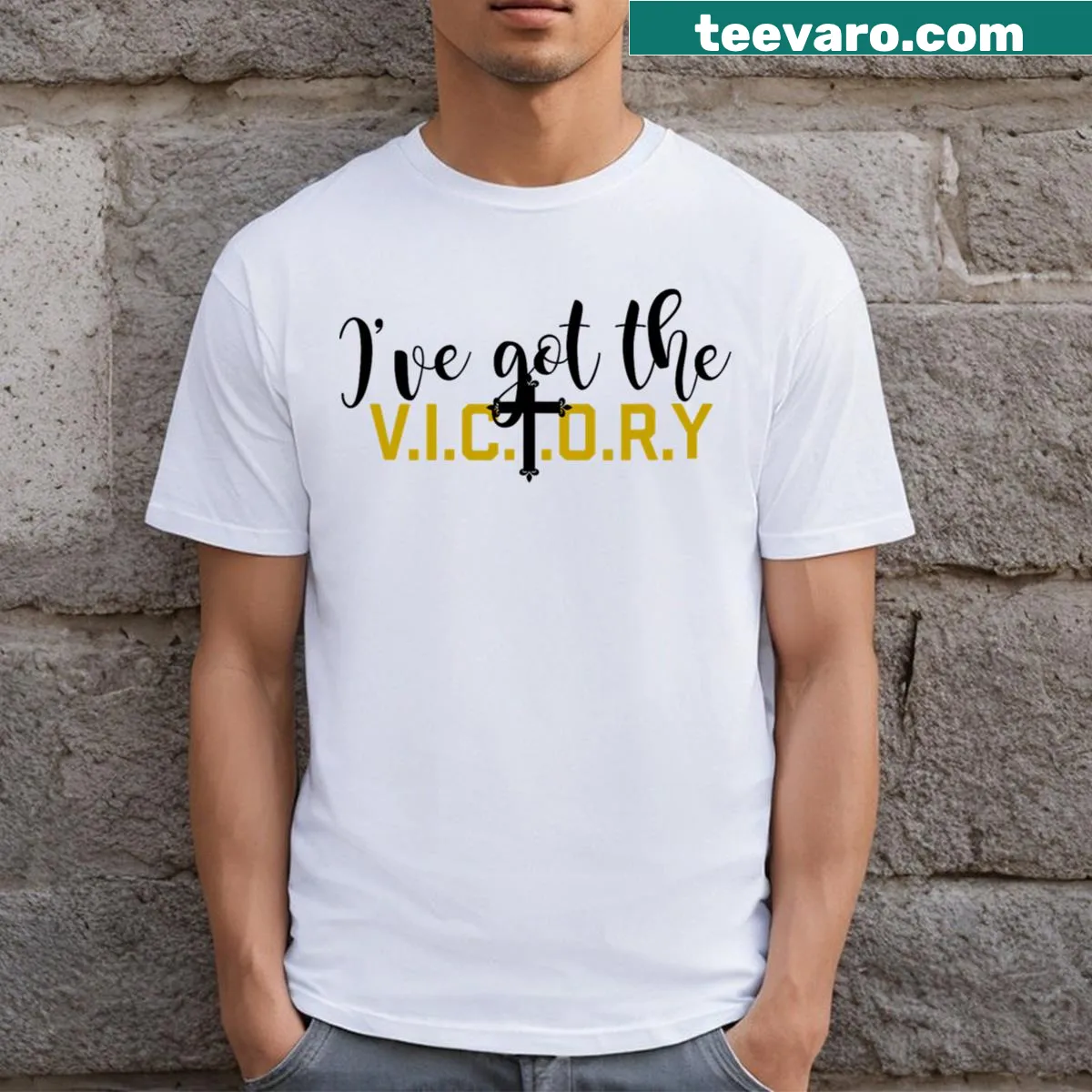 Inspirational graphic t-shirt with victory message — on a men's t-shirt