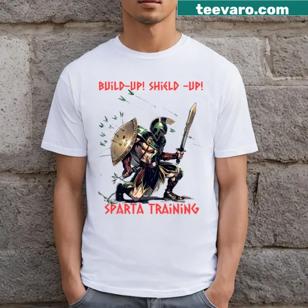 Inspirational gym t-shirt with Spartan Build Up Shield Up! text