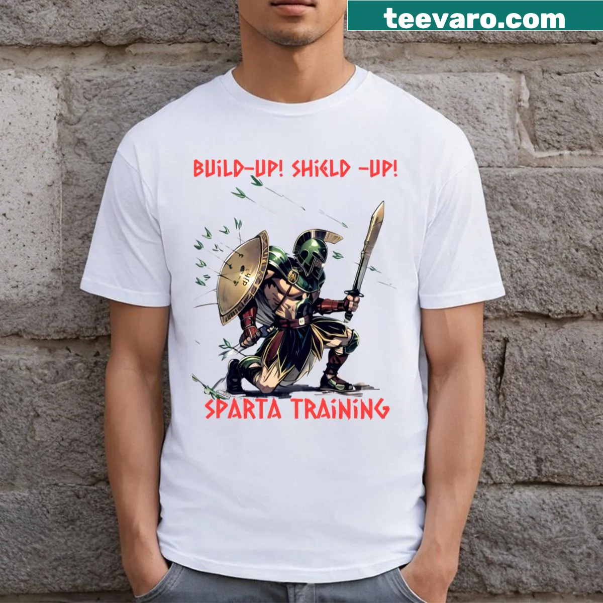 Inspirational gym t-shirt with Spartan Build Up Shield Up! text — on a men's t-shirt