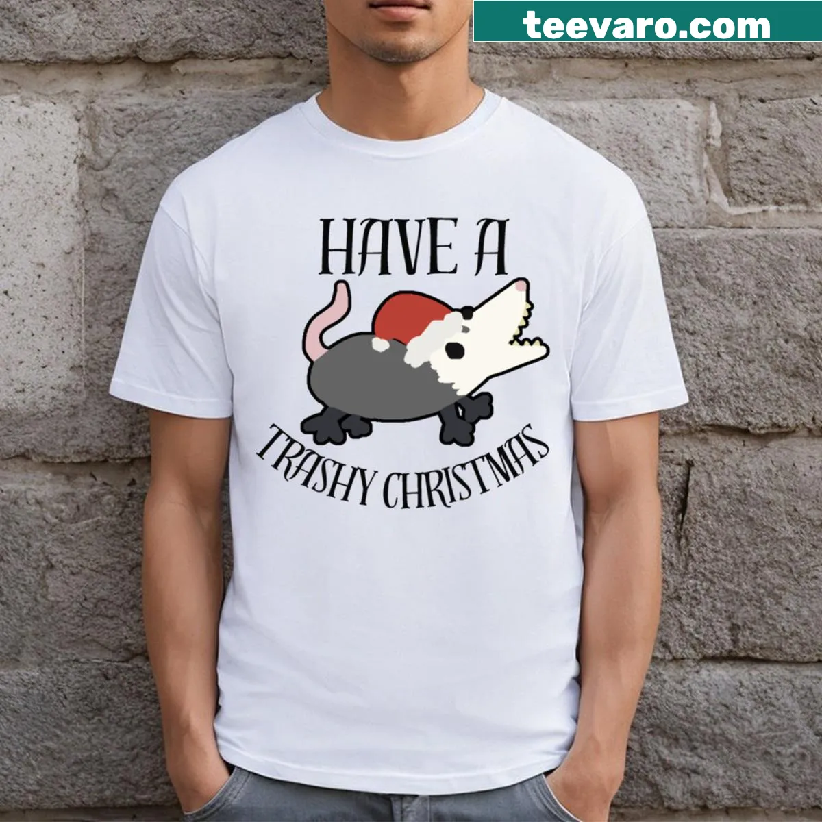 Cartoon opossum with the phrase 'Have a Trashy Christmas' — on a men's t-shirt