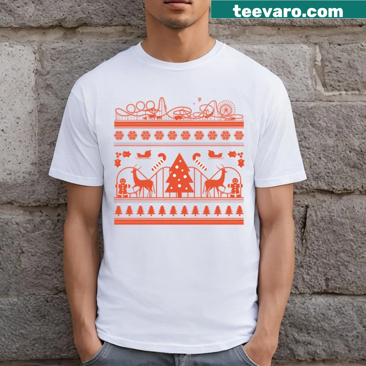 Illustrated T-shirt featuring holiday amusement park rides — on a men's t-shirt