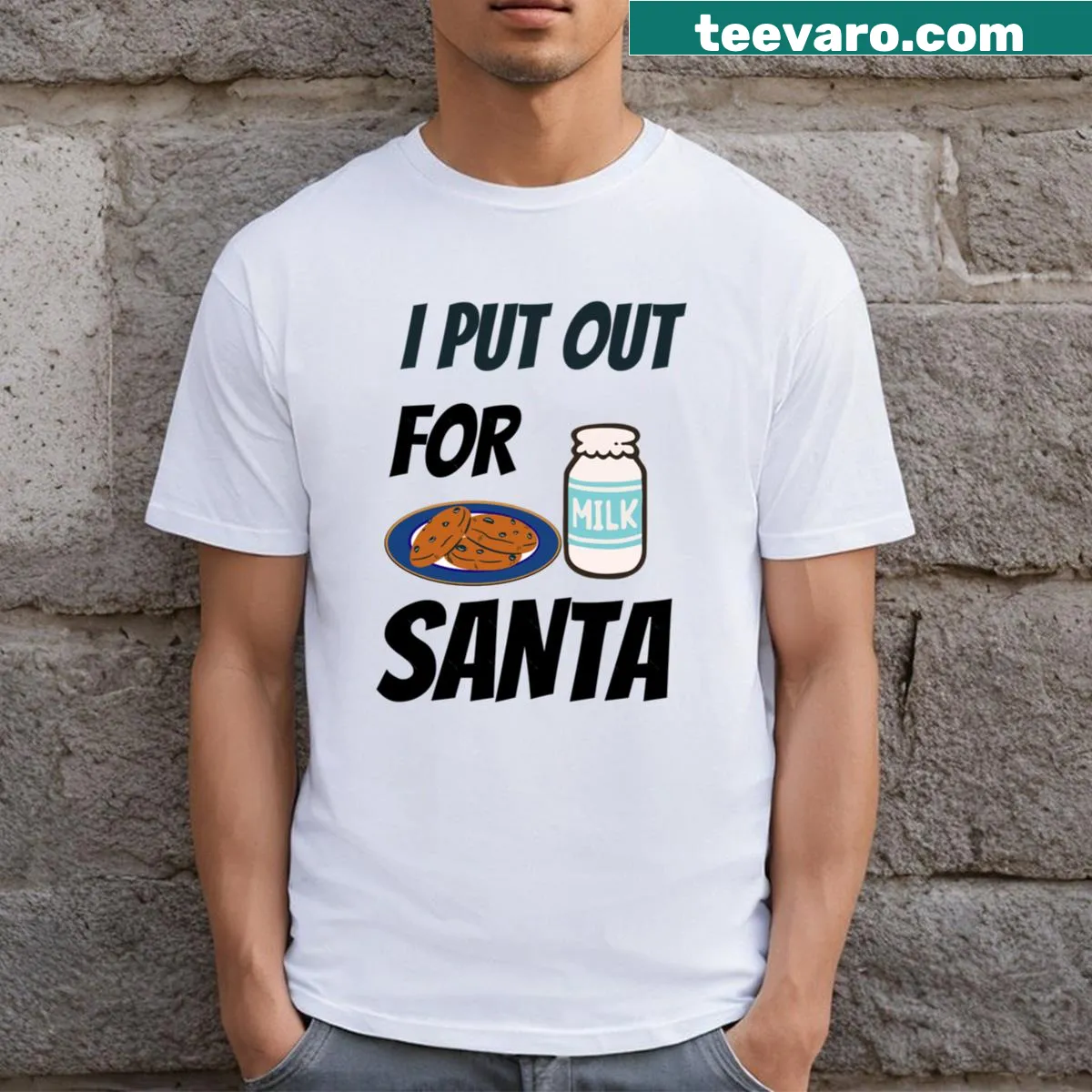 Funny Christmas shirt saying I Put Out For Santa in bold black text — on a men's t-shirt