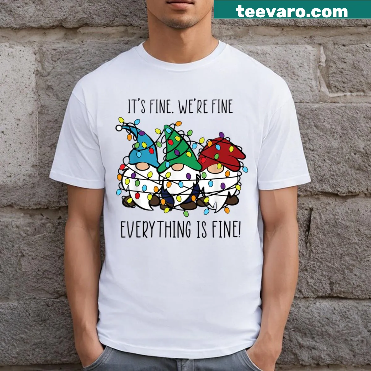 Christmas-themed t-shirt with gnomes and humorous text about being fine. — on a men's t-shirt