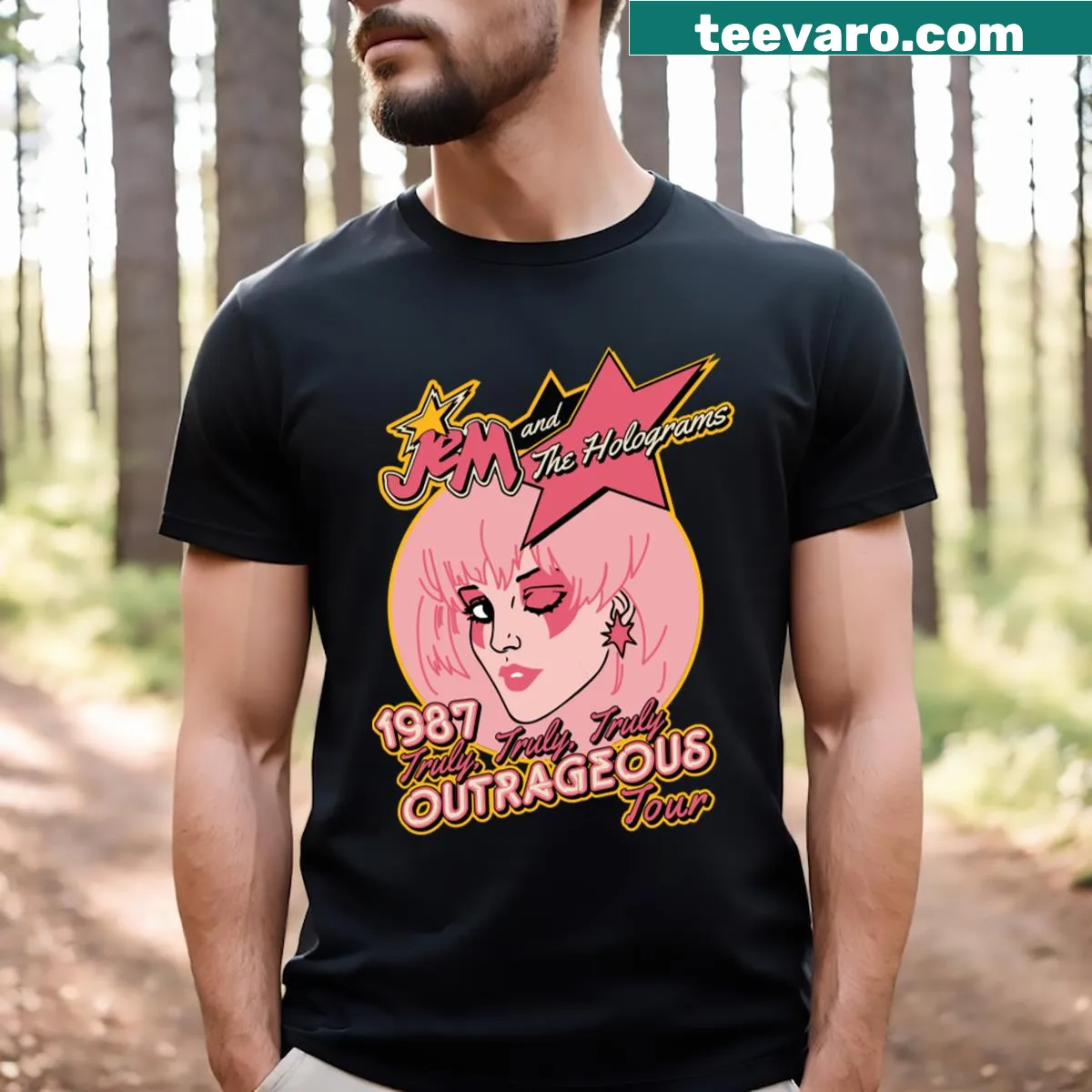 Jem Tour T-shirt featuring bold typography design — on a men's t-shirt