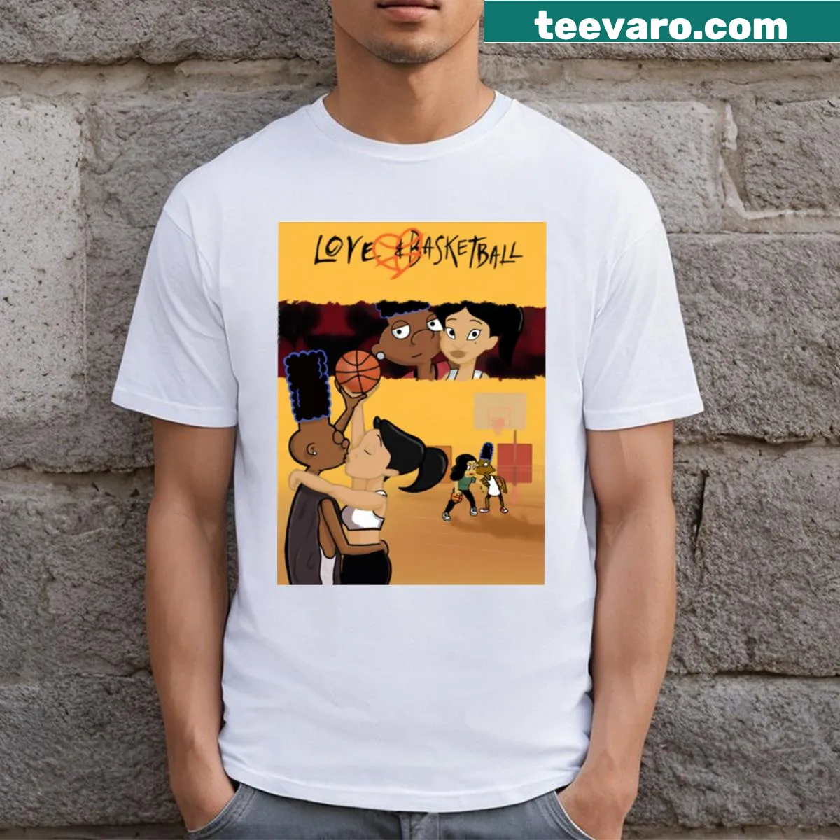 Illustration combining love and basketball themes — on a men's t-shirt