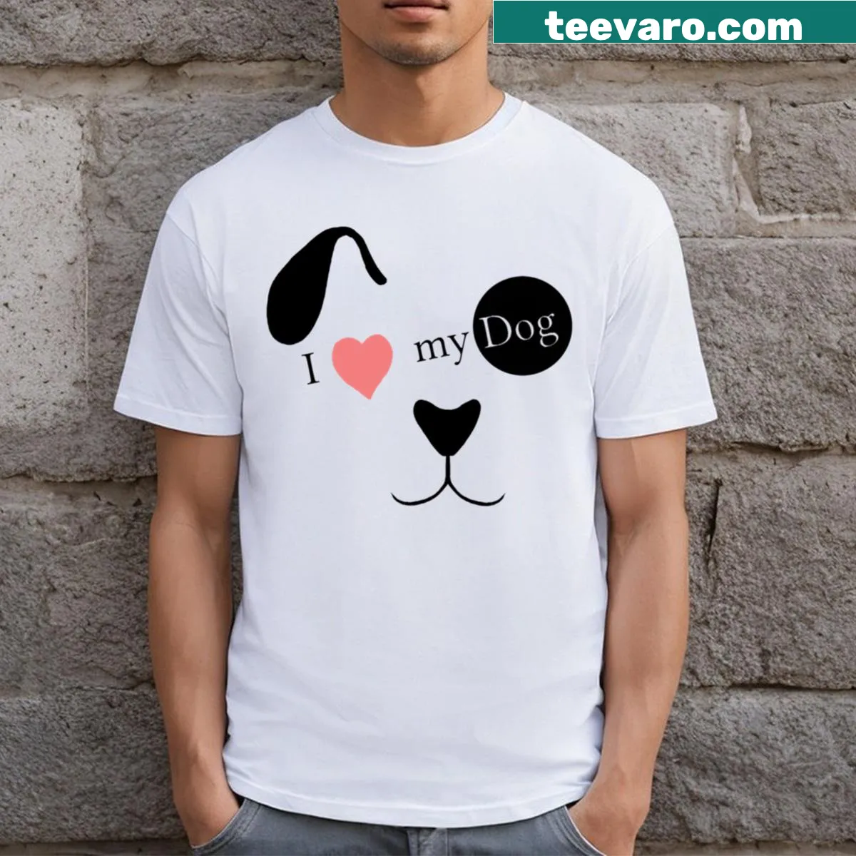T-shirt with 'Love Dog' printed on it — on a men's t-shirt