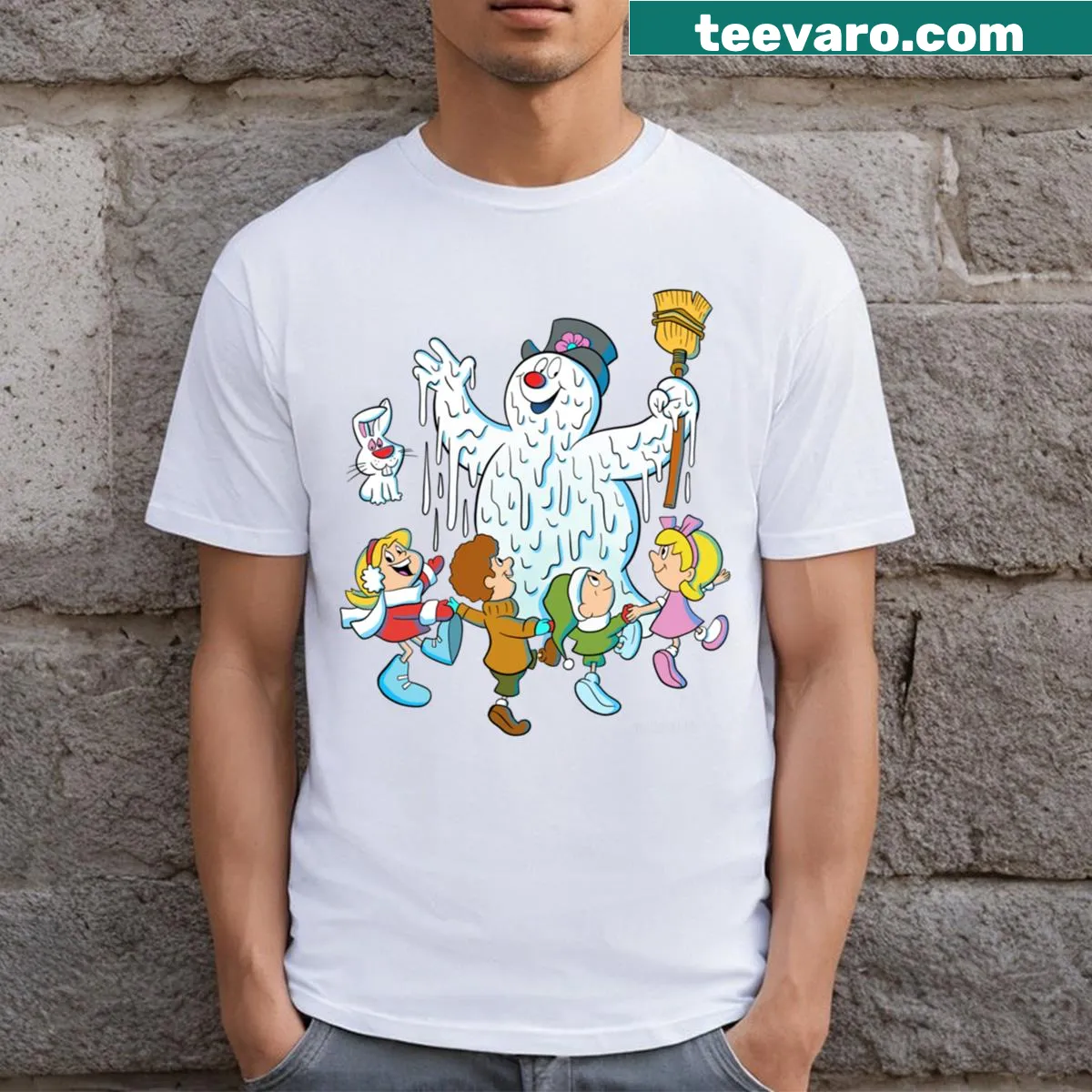 Cute Melty The Snowman t-shirt with playful illustration — on a men's t-shirt