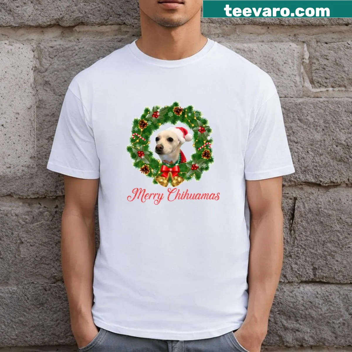 Cartoon chihuahuas dressed for Christmas with festive accessories — on a men's t-shirt