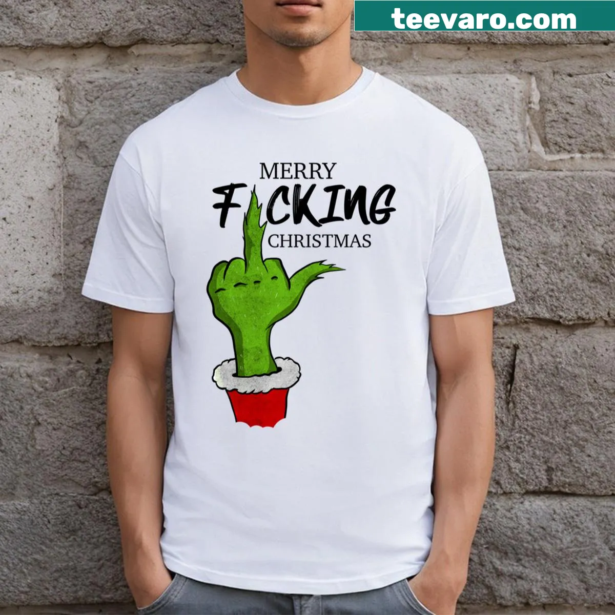 Bold holiday T-shirt with the phrase 'Merry Fucking Christmas' — on a men's t-shirt