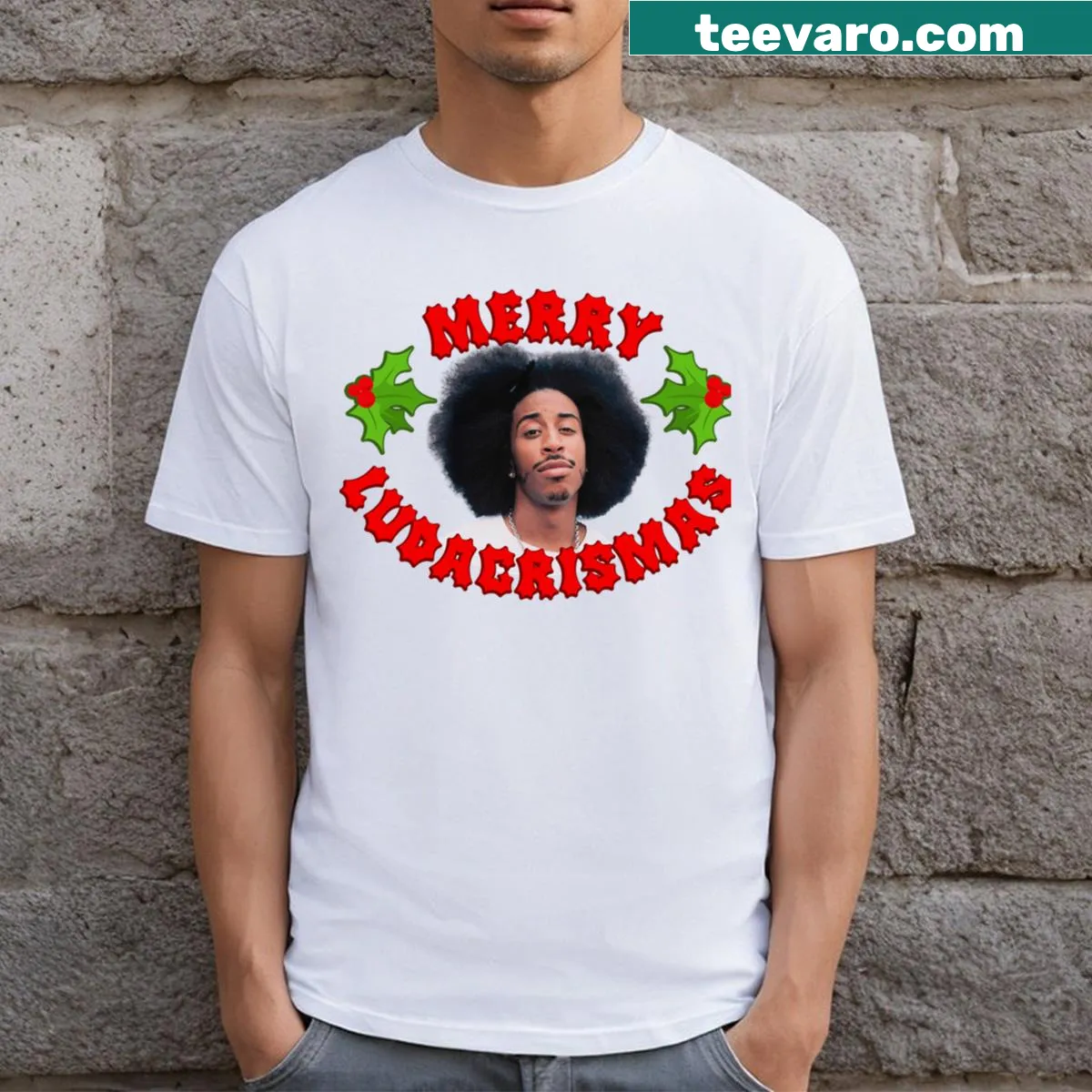Merry Ludacrismas t-shirt with quirky text design — on a men's t-shirt