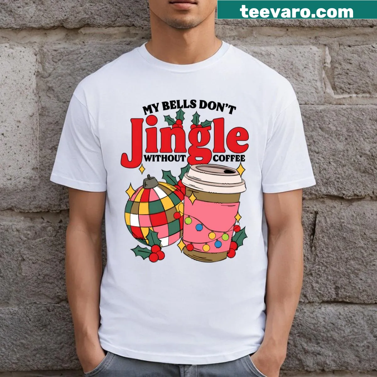 Funny coffee-themed Christmas t-shirt with playful text. — on a men's t-shirt