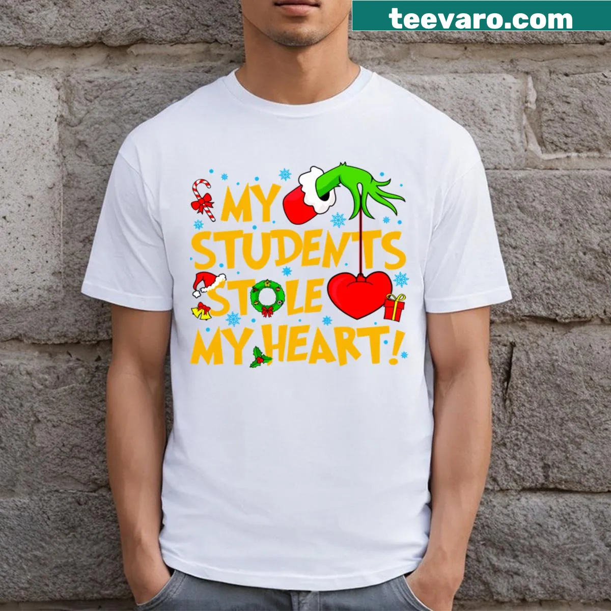 Heartwarming teacher Christmas t-shirt with festive design — on a men's t-shirt