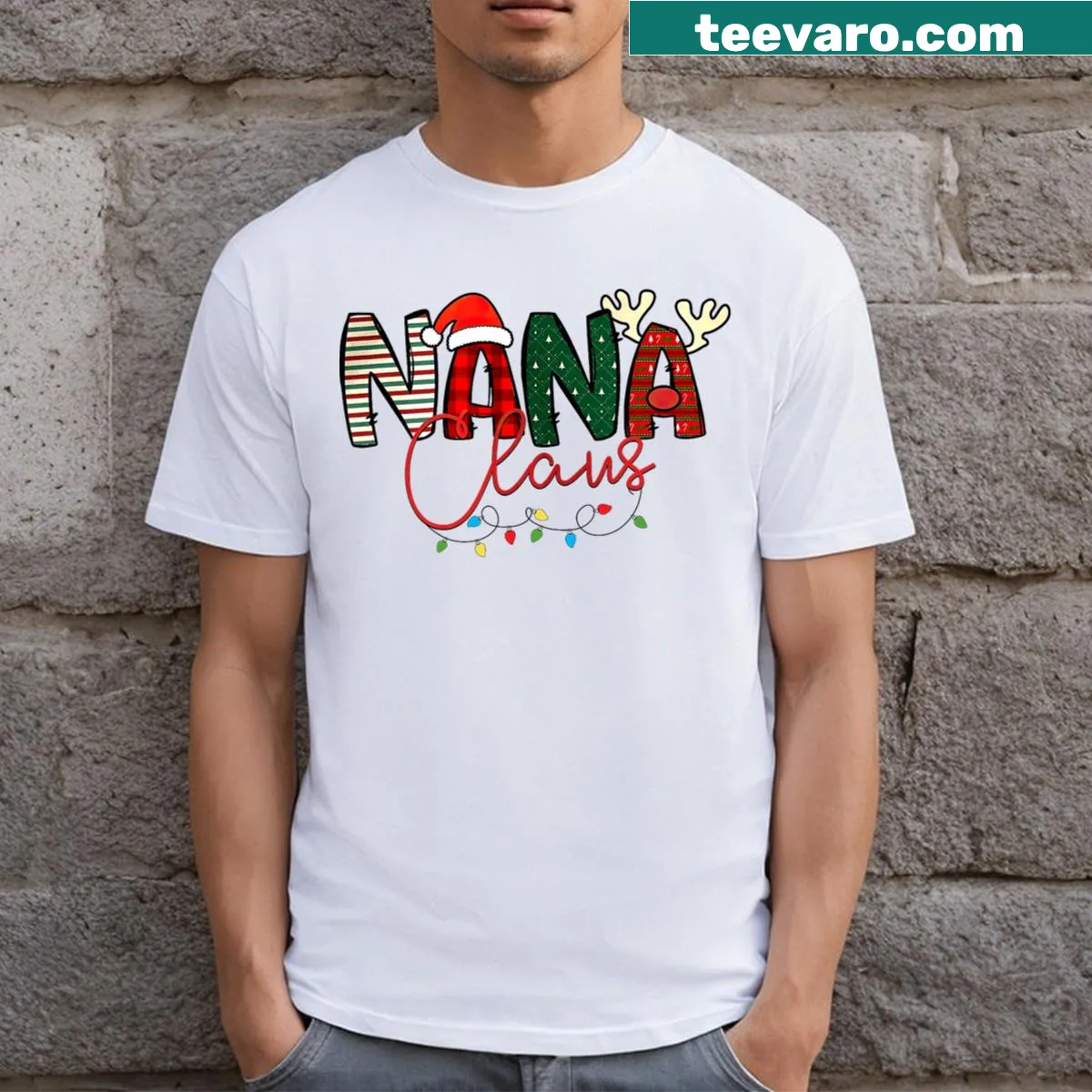 Vintage-style Nana Claus t-shirt with humorous Christmas graphics — on a men's t-shirt