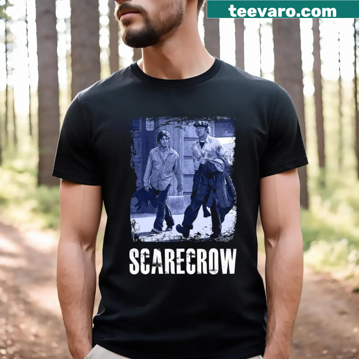 Graphic design featuring scarecrows as iconic movie characters — on a men's t-shirt