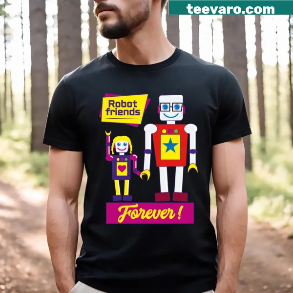 Playful cartoon robots graphic on a T-shirt