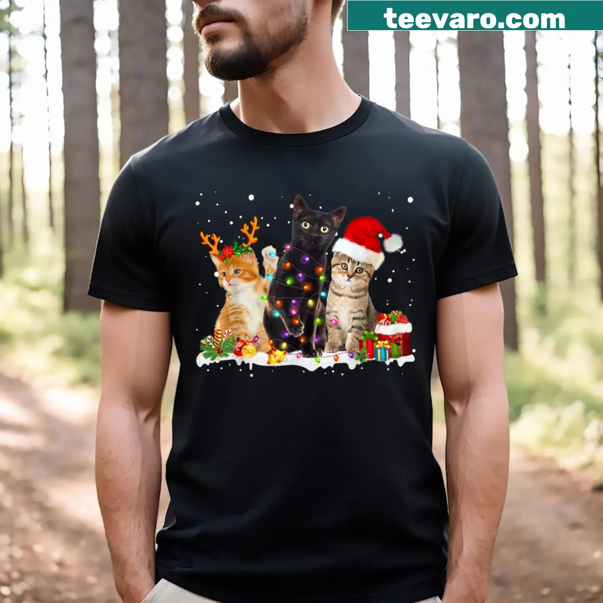 Cute Santa Cat with reindeer illustration for Christmas T-shirt — on a men's t-shirt