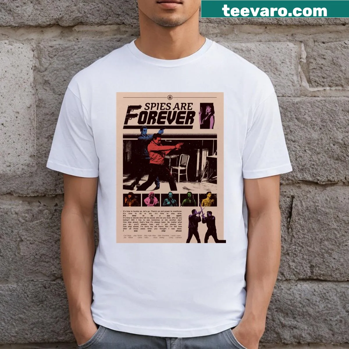 Vintage poster-style T-shirt featuring spy-themed graphics — on a men's t-shirt