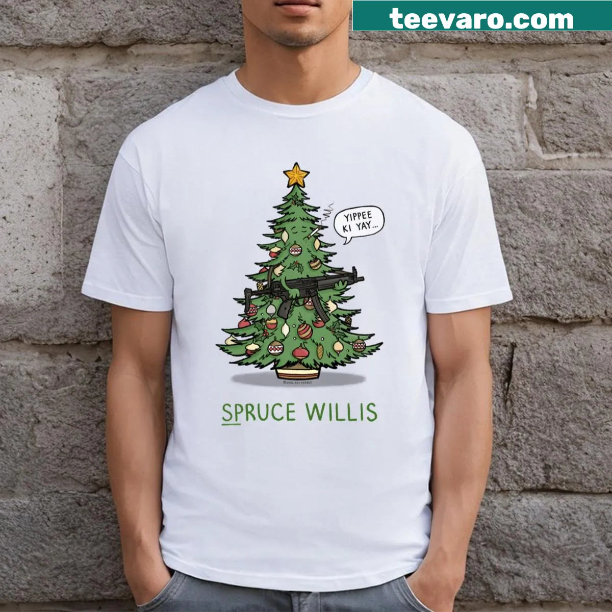 Humorous T-shirt featuring the pun Spruce Willis in bold typography. — on a men's t-shirt