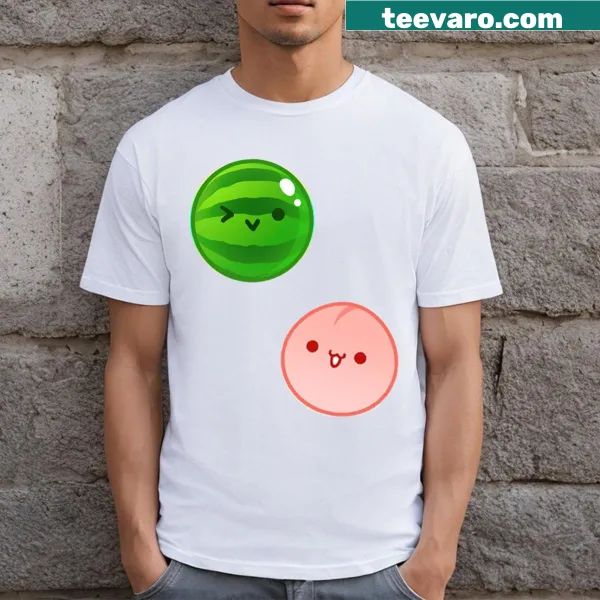 Playful T-shirt featuring graphics inspired by the Suika game